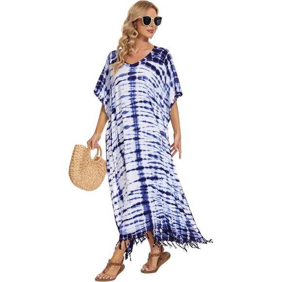 Women Tie Dye Caftan Maxi Dress Plus Size V-Neck Rayon Loungewear Casual - Picture 7 of 9